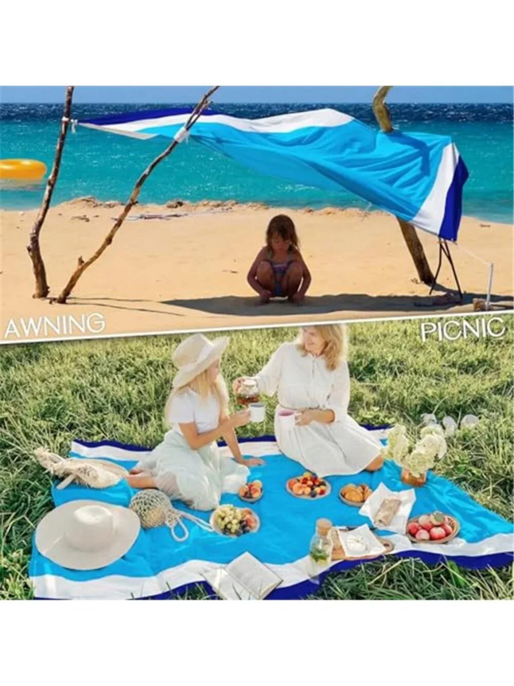 Oversized Beach Blanket Sandproof Waterproof Picnic Camping Mat White Blue